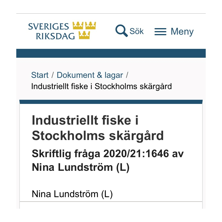 Skriftlig fråga till Jennie Nilsson från Liberalerna om Industriellt fiske i Stockholms skärgård